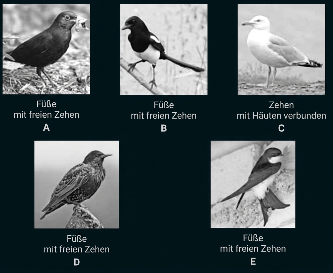 Fünf Vogelbilder mit unterschiedlichen Fußformen und Beschriftungen A bis E.